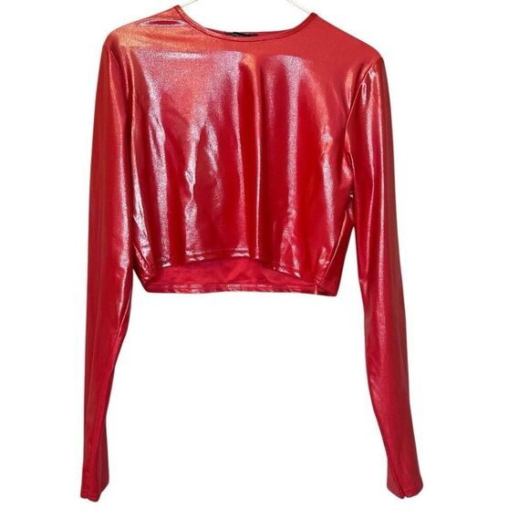 NWT PrettyLittleThing Metallic Jersey Long Sleeve Fitted Red Cropped Top Size 12 - Picture 3 of 5